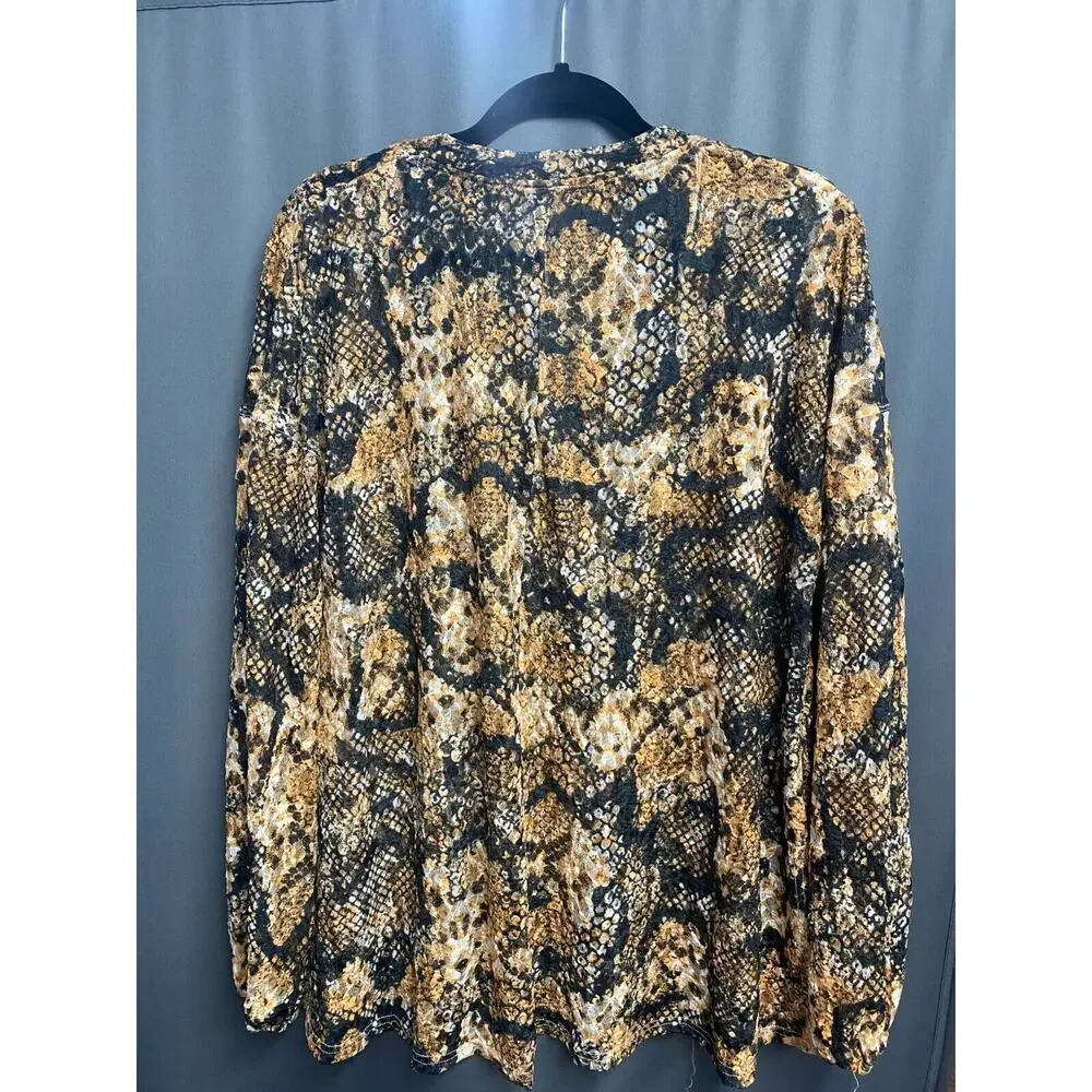 Free People Blouse Top XS Multicolor Snake Pattern Long Sleeve V-Neck Casual B55